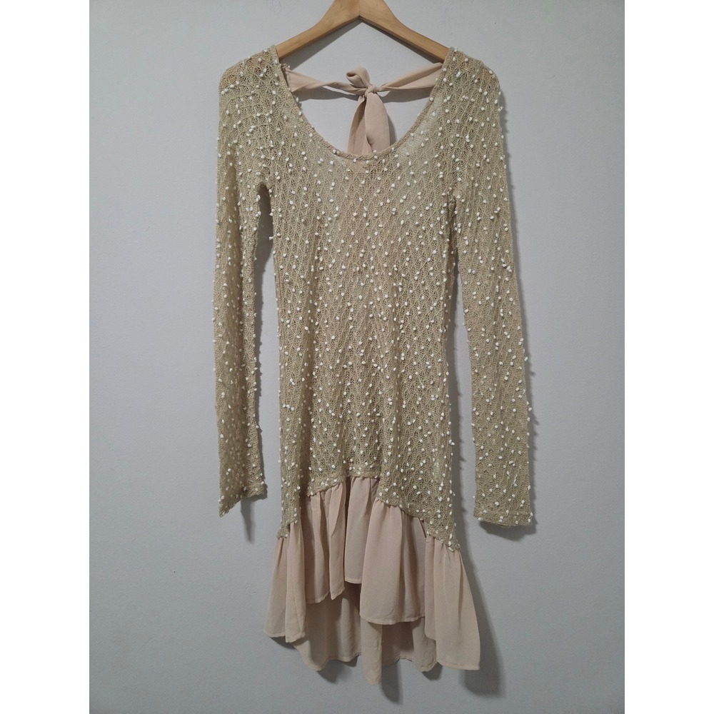 Altar'd State Beige Pom Pom Knit Open Back Tie‎ Dress Small AD3775 Boho Tunic